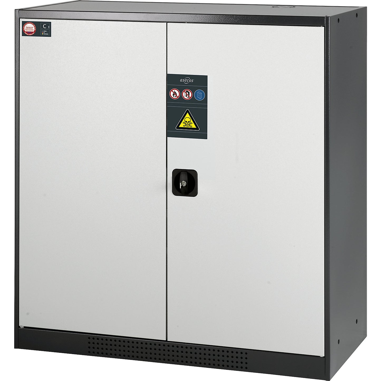 Laboratory chemical storage cupboard, 2 door, half height, 2 drawers, without vision panel, grey.