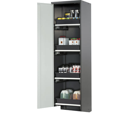 Laboratory chemical storage cupboard, 1 door, tall, 4 drawers, without vision panel, grey.