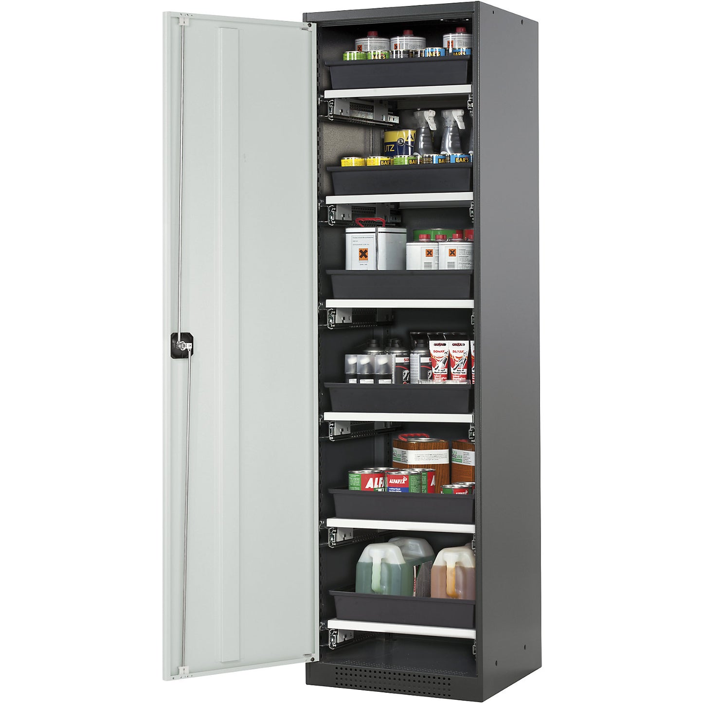 Laboratory chemical storage cupboard, 1 door, tall, 6 drawers, without vision panel, grey.
