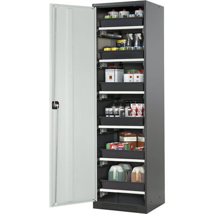 Laboratory chemical storage cupboard, 1 door, tall, 6 drawers, without vision panel, grey.