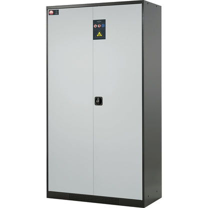 Laboratory chemical storage cupboard, 2 door, tall, 4 drawers, without vision panel, grey.