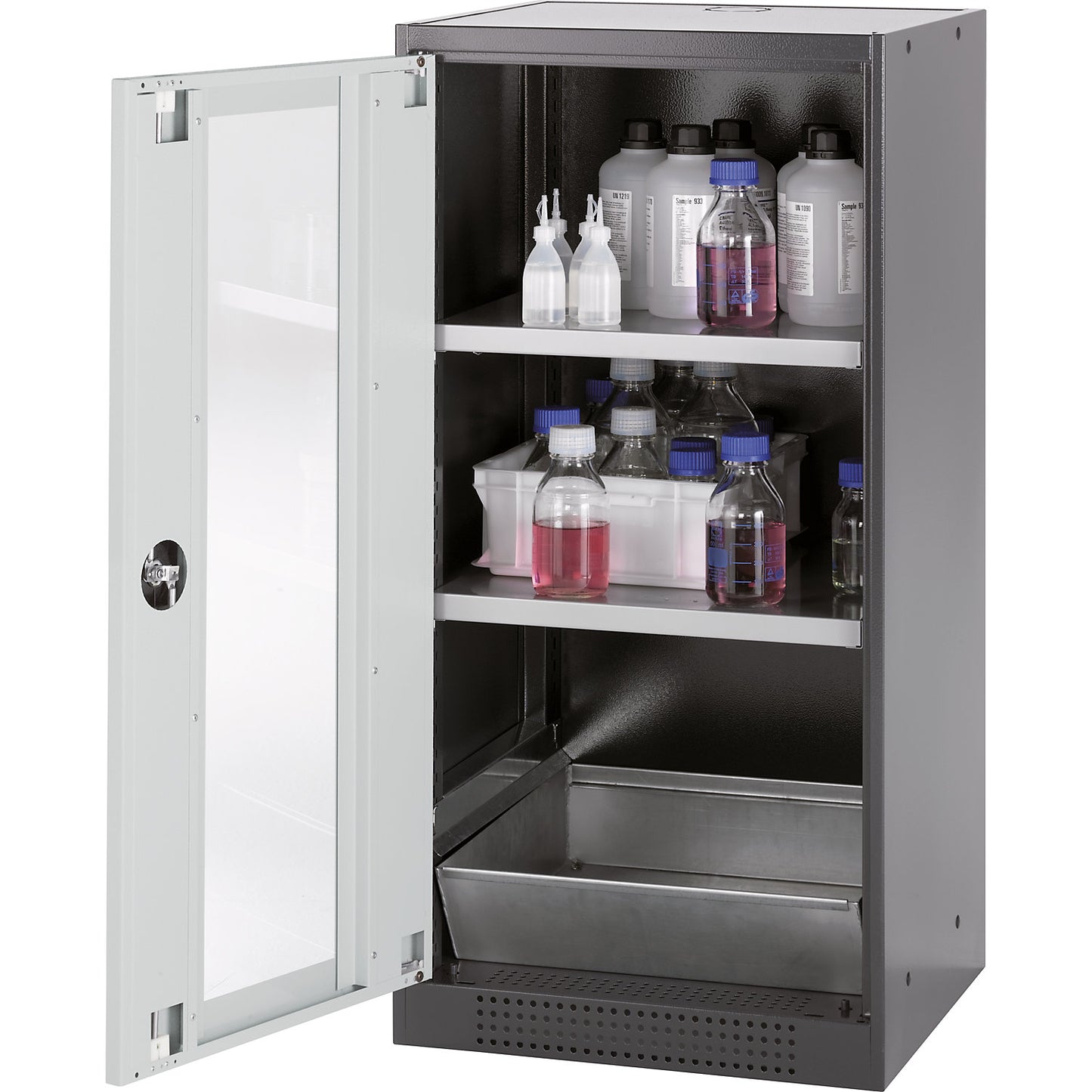 Laboratory chemical storage cupboard, 1 door, half height, 2 shelves, with vision panel, grey.