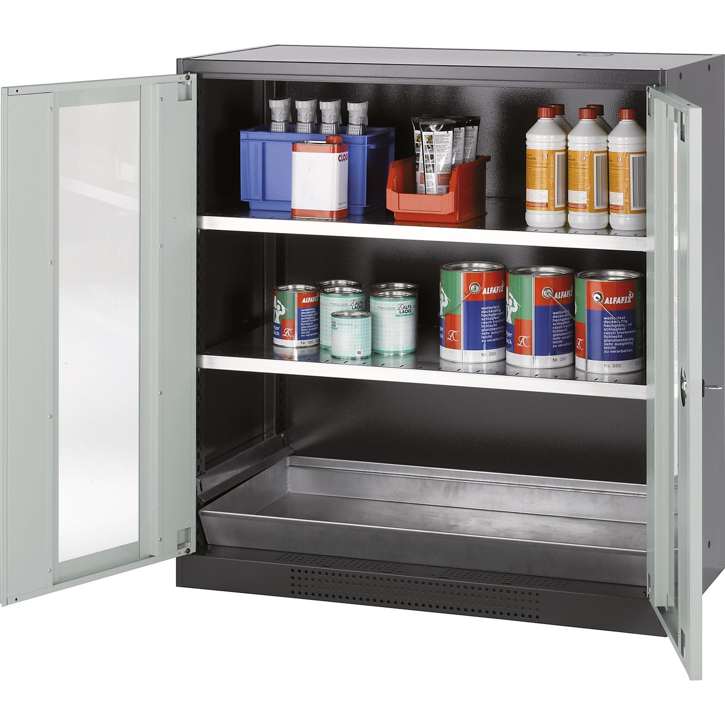 Laboratory chemical storage cupboard, 2 door, half height, 2 shelves, with vision panel, grey.