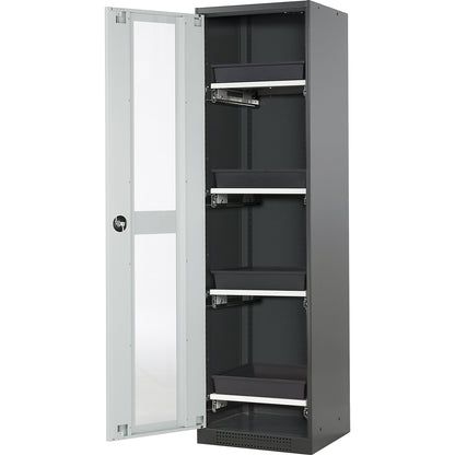 Laboratory chemical storage cupboard, 1 door, tall, 4 drawers, with vision panel, grey.