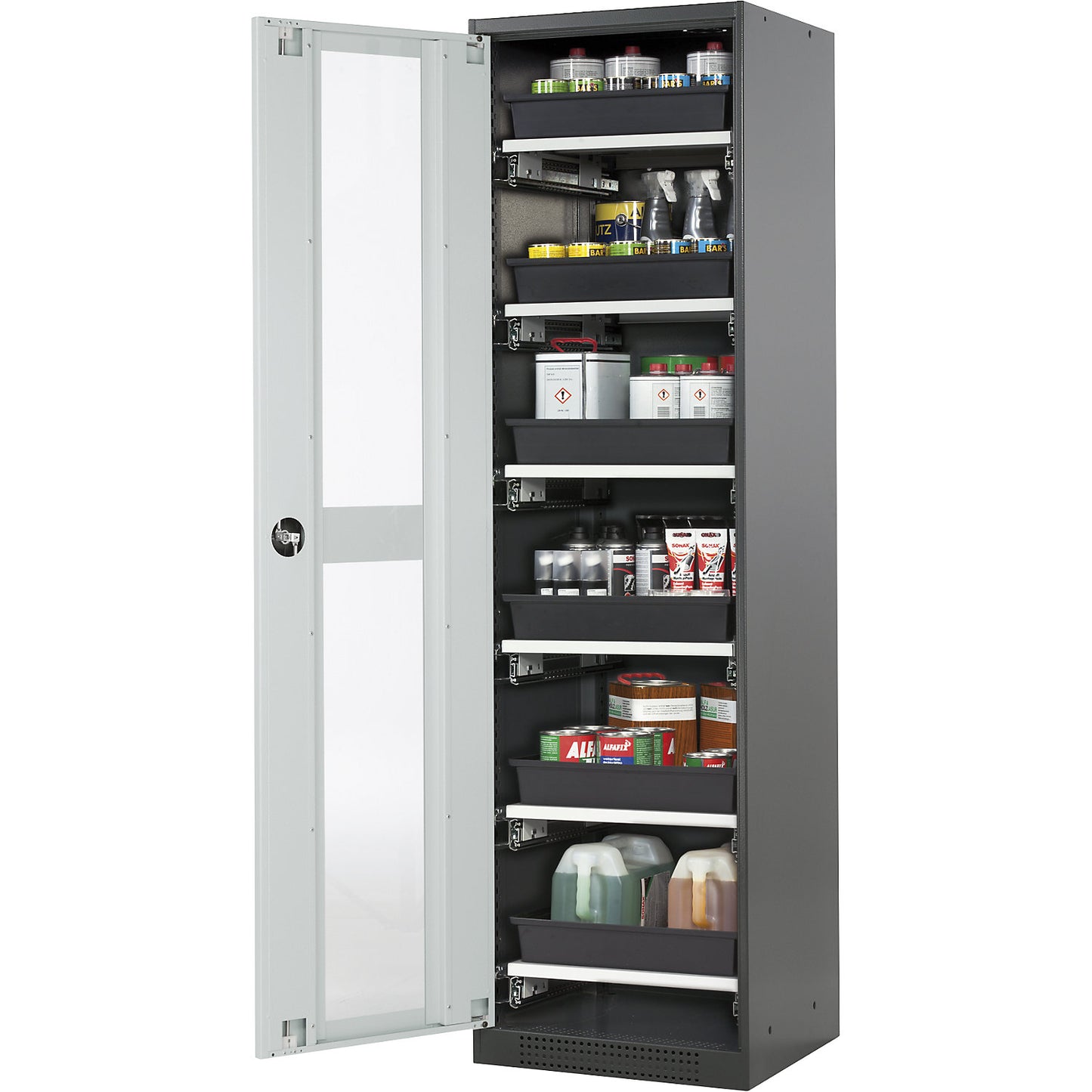 Laboratory chemical storage cupboard, 1 door, tall, 6 drawers, with vision panel, grey.
