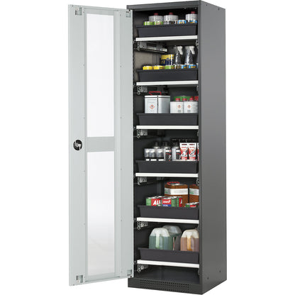Laboratory chemical storage cupboard, 1 door, tall, 6 drawers, with vision panel, grey.