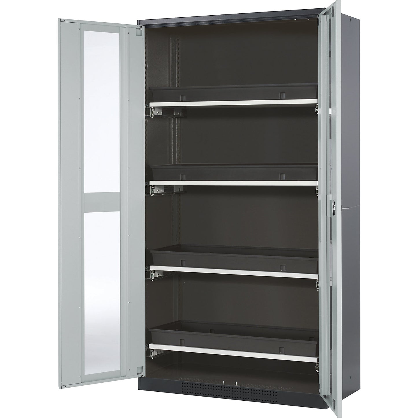 Laboratory chemical storage cupboard, 2 door, tall, 4 drawers, with vision panel, grey.
