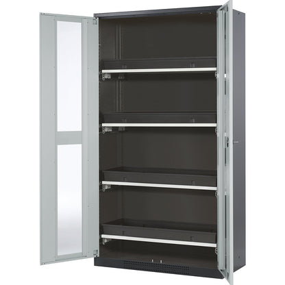 Laboratory chemical storage cupboard, 2 door, tall, 4 drawers, with vision panel, grey.