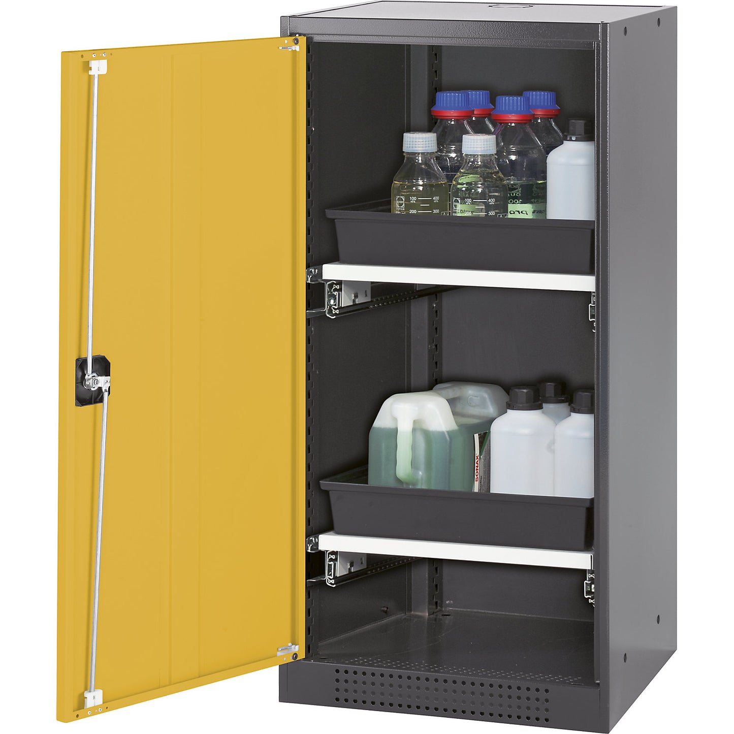 Laboratory chemical storage cupboard, 1 door, half height, 2 drawers, without vision panel, yellow.