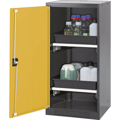 Laboratory chemical storage cupboard, 1 door, half height, 2 drawers, without vision panel, yellow.