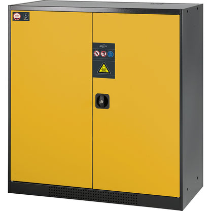 Laboratory chemical storage cupboard, 2 door, half height, 2 shelves, without vision panel, yellow.