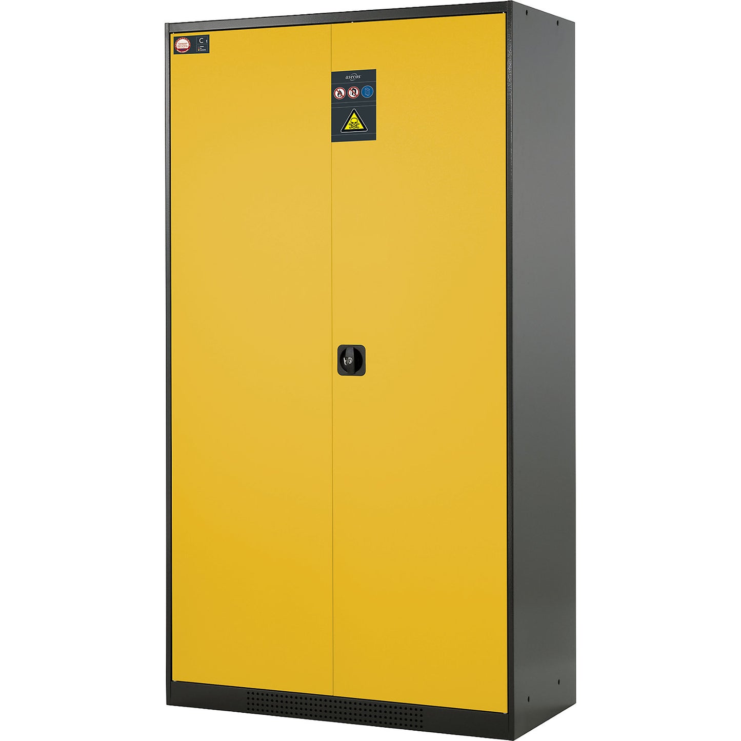 Laboratory chemical storage cupboard, 2 door, tall, 4 drawers, without vision panel, yellow.
