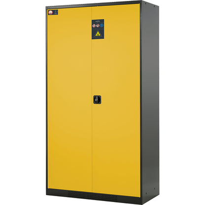 Laboratory chemical storage cupboard, 2 door, tall, 4 drawers, without vision panel, yellow.