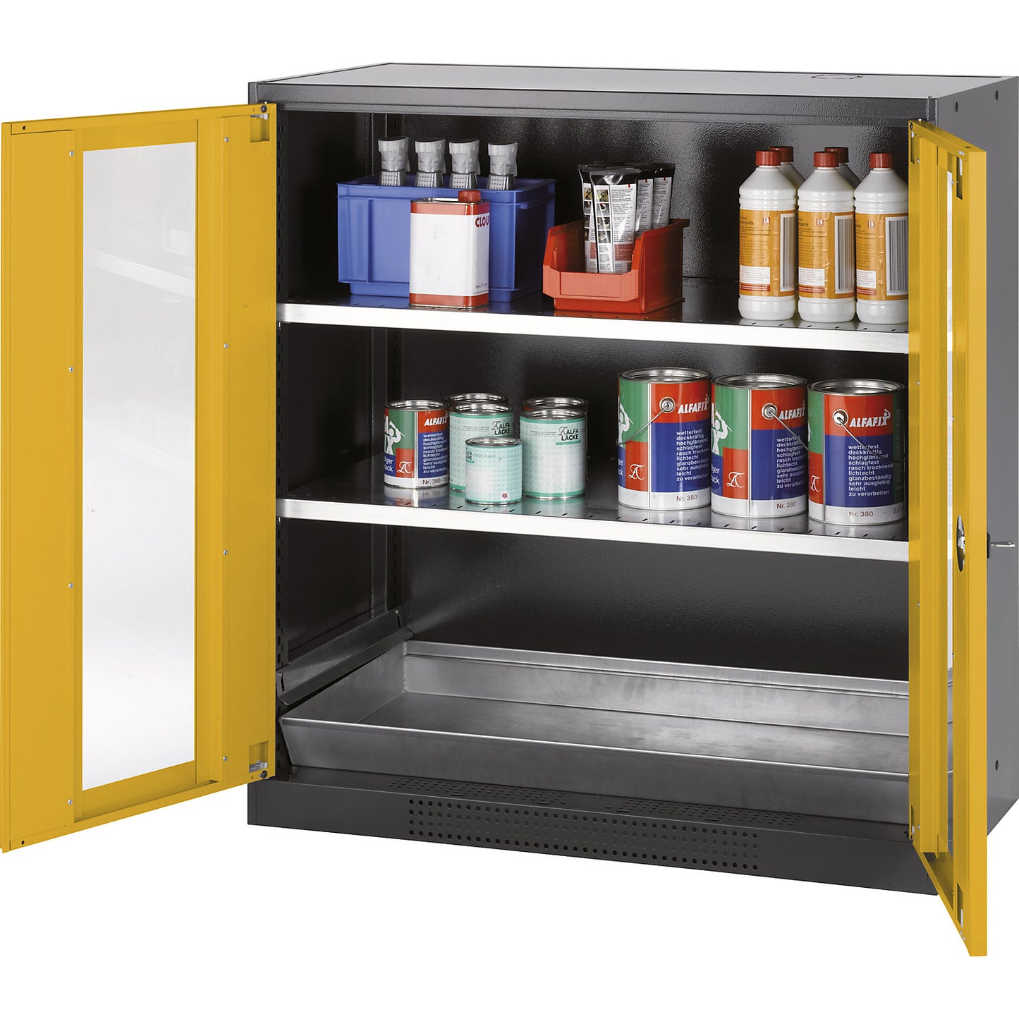 Laboratory chemical storage cupboard, 2 door, half height, 2 shelves, with vision panel, yellow.