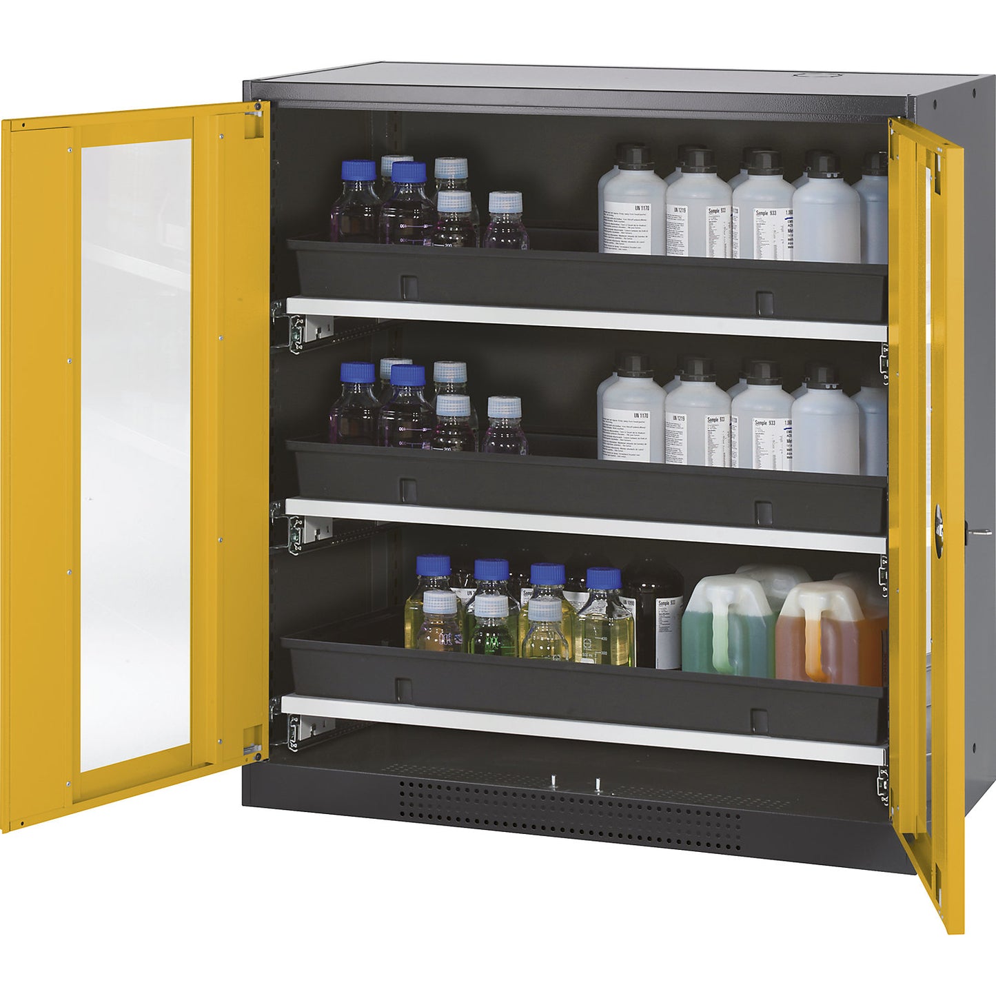 Laboratory chemical storage cupboard, 2 door, half height, 3 drawers, with vision panel, yellow.