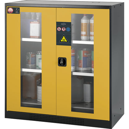 Laboratory chemical storage cupboard, 2 door, half height, 3 drawers, with vision panel, yellow.