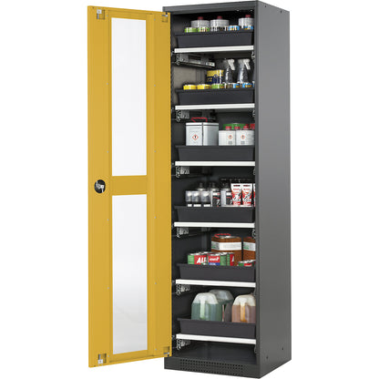 Laboratory chemical storage cupboard, 1 door, tall, 6 drawers, with vision panel, yellow.