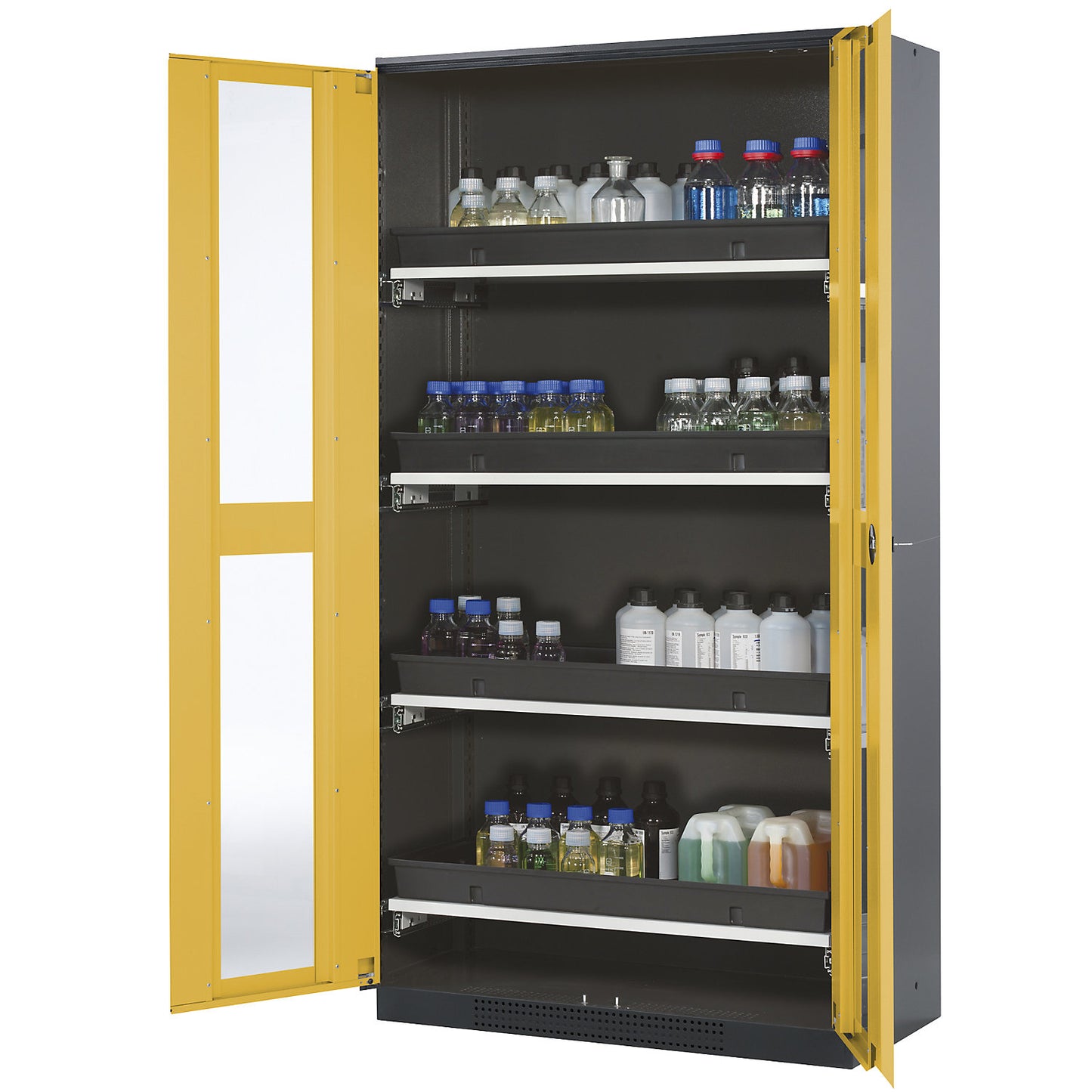 Laboratory chemical storage cupboard, 2 door, tall, 4 drawers, with vision panel, yellow.