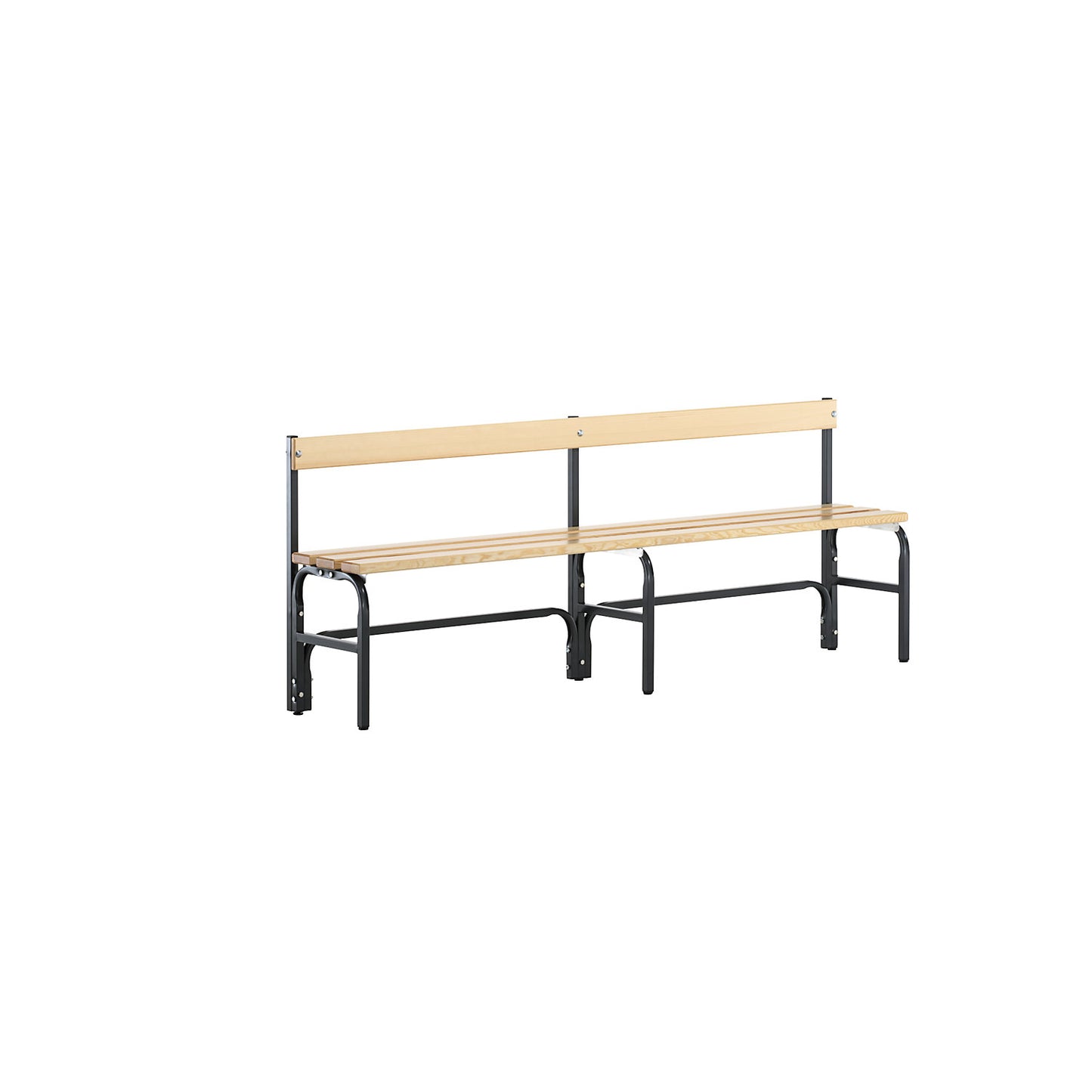 Half height changing room bench with back rest, single-sided, pine wood slats, length 1500 mm, charcoal.