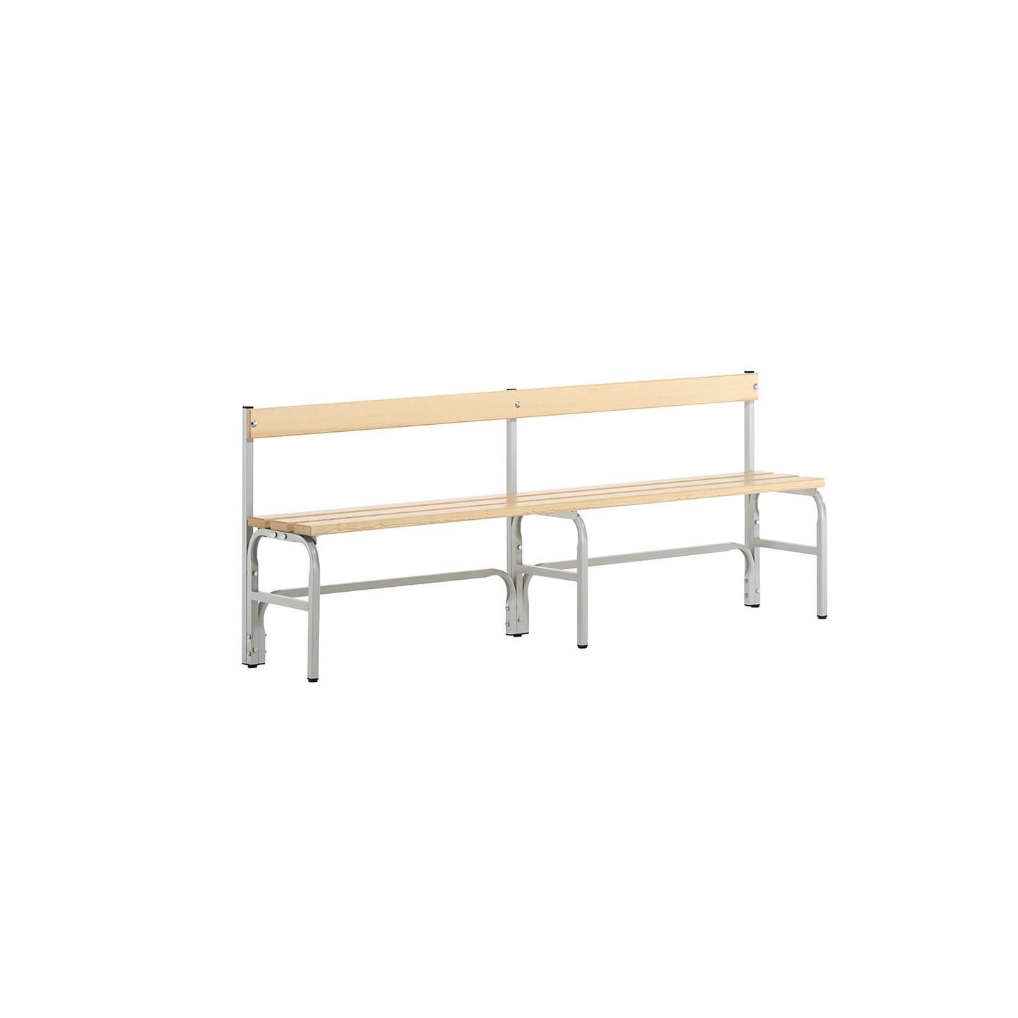 Half height changing room bench with back rest, single-sided, pine wood slats, length 2000 mm, light grey.