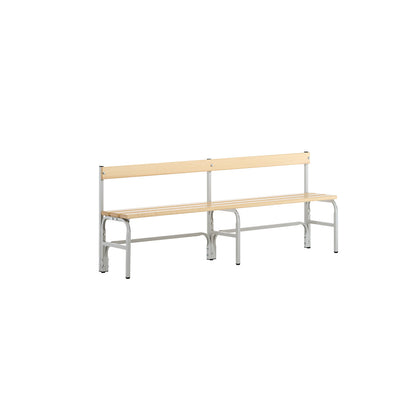 Half height changing room bench with back rest, single-sided, pine wood slats, length 2000 mm, light grey.