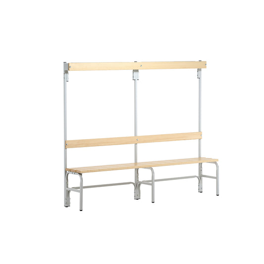 Changing room bench with hook strips, on one side, 4 hooks 1500 mm, light grey.