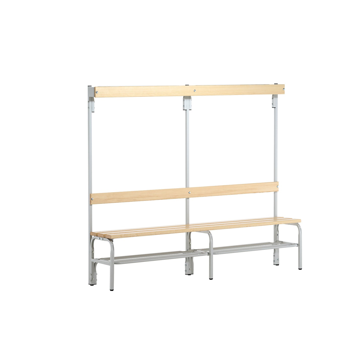 Changing room bench with hook strips, single-sided, 6 hooks, 2000 mm, light grey, shoe rack.