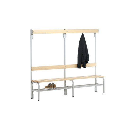 Changing room bench with hook strips, single-sided, 6 hooks, 2000 mm, light grey, shoe rack.
