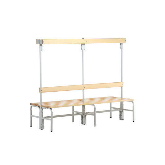 Changing room bench with hook strips, on both sides, 8 hooks 1500 mm, light grey.