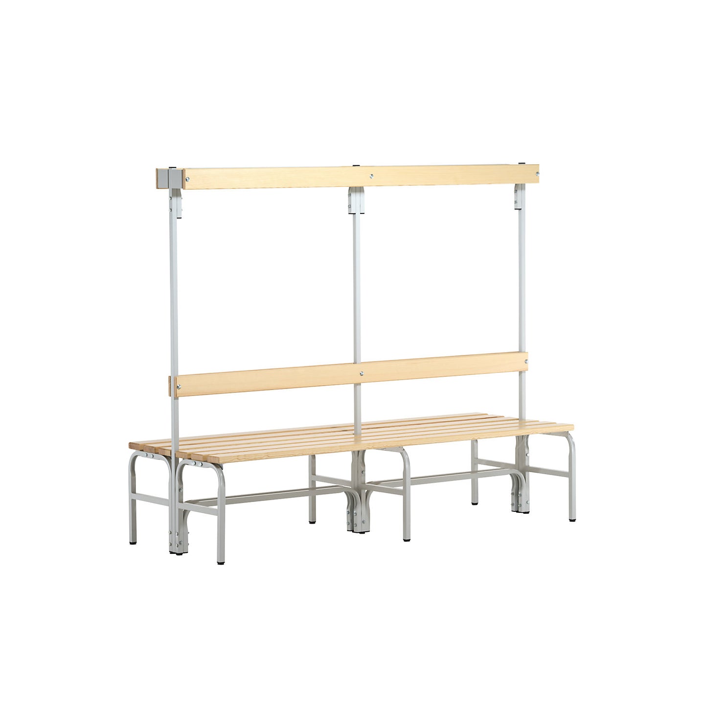 Changing room bench with hook strips, double-sided, 12 hooks, 2000 mm, light grey.