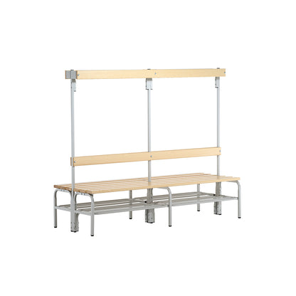 Changing room bench with hook strips, on both sides, 8 hooks 1500 mm, light grey, shoe rack.