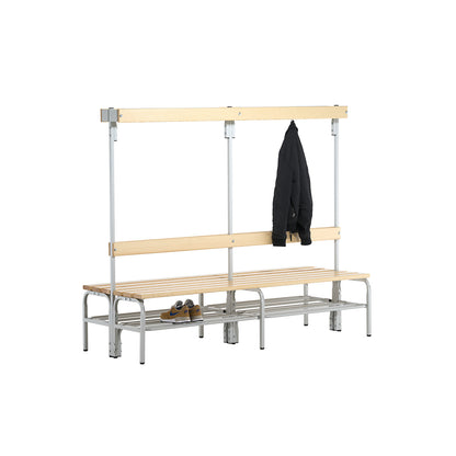 Changing room bench with hook strips, on both sides, 8 hooks 1500 mm, light grey, shoe rack.