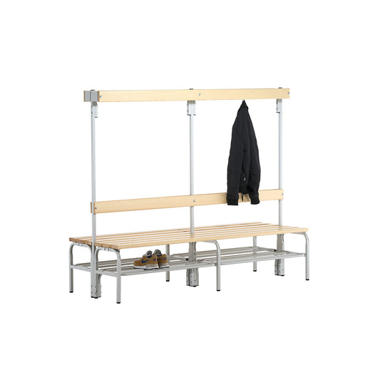 Changing room bench with hook strips, on both sides, 8 hooks 1500 mm, light grey, shoe rack.