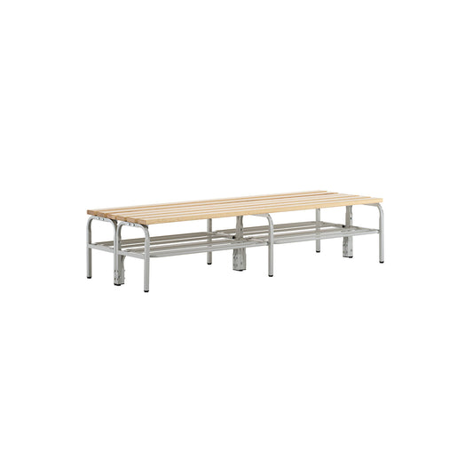 Changing room bench, double sided, pine wood slats, length 2000 mm, with shoe rack.