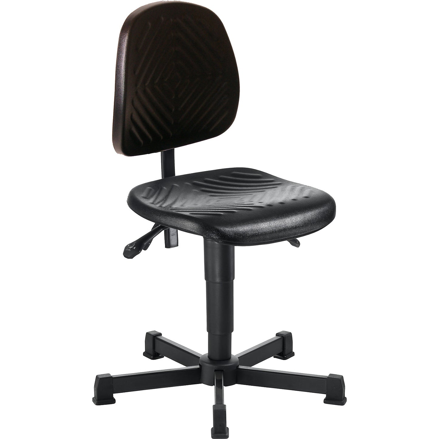 Industrial swivel chair, polyurethane upholstery, gas lift height adjustment, with floor glides, height adjustment range 440 - 580 mm.