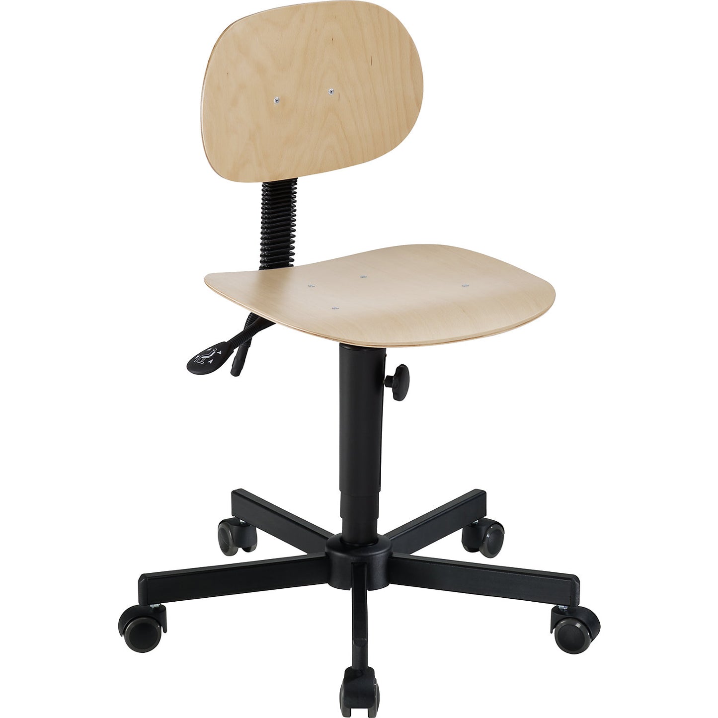 Industrial swivel chair, manual height adjustment, with castors, wood.