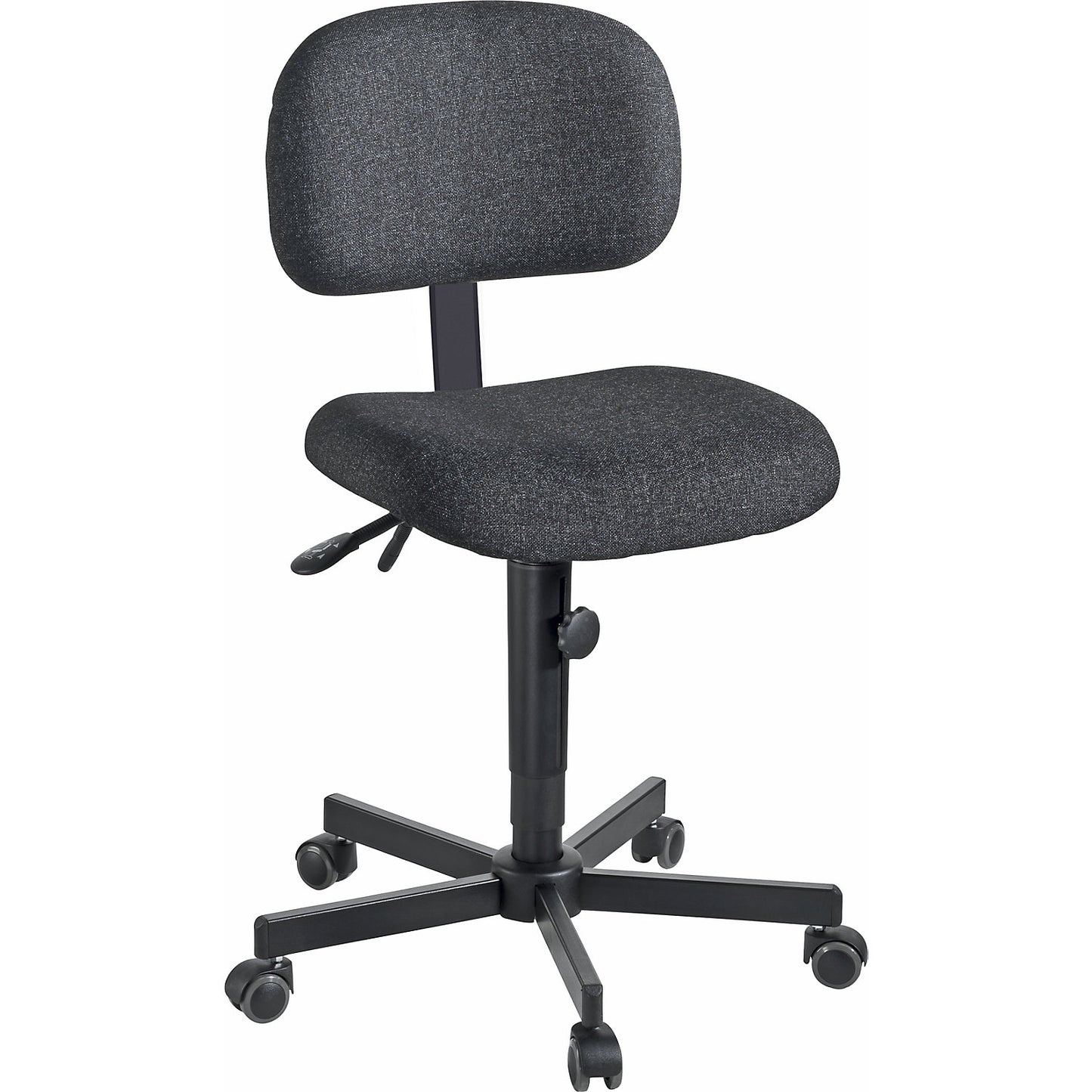 Industrial swivel chair, manual height adjustment, with castors, fabric.