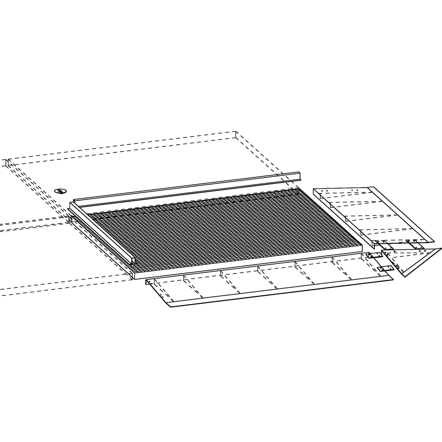Ramp for low profile steel sump tray, depth 500 mm, max. wheel load 500 kg, width 2850 mm.