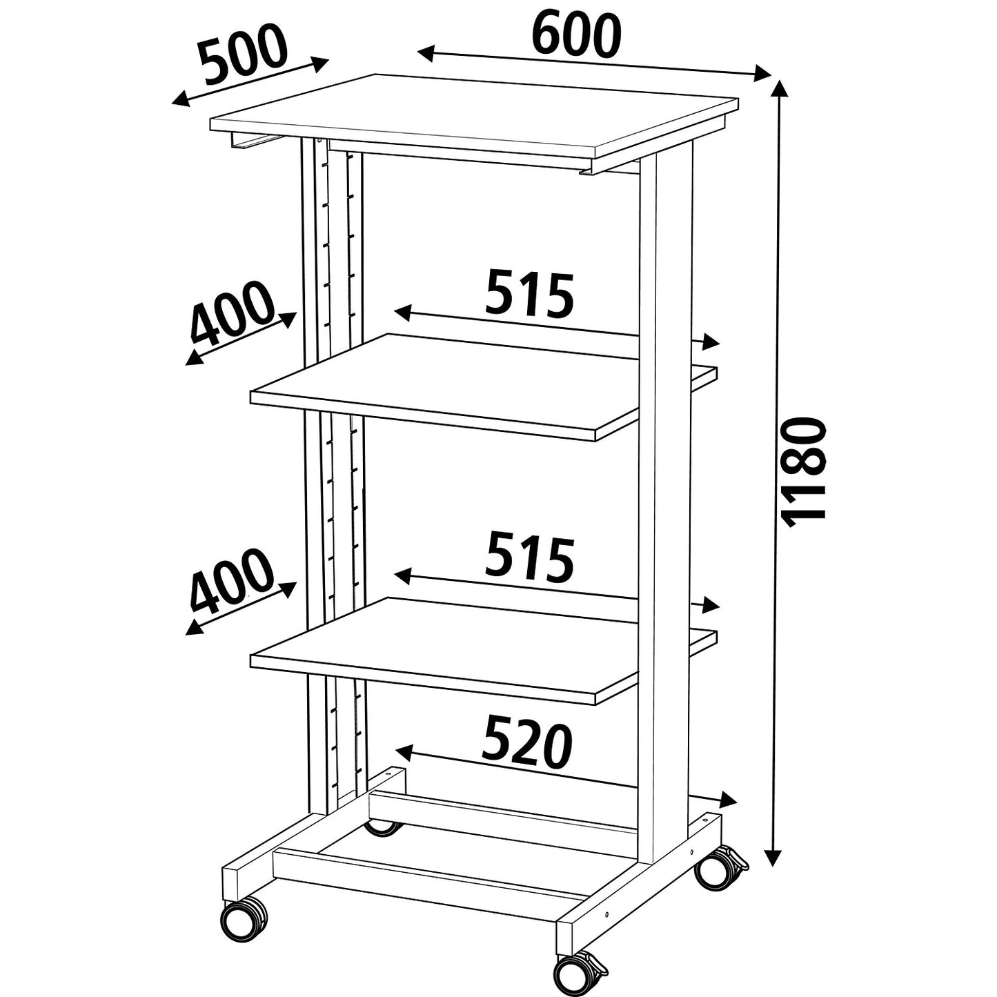 PC table, with two shelves, HxWxD 1180 x 600 x 500 mm, light grey RAL 7035.