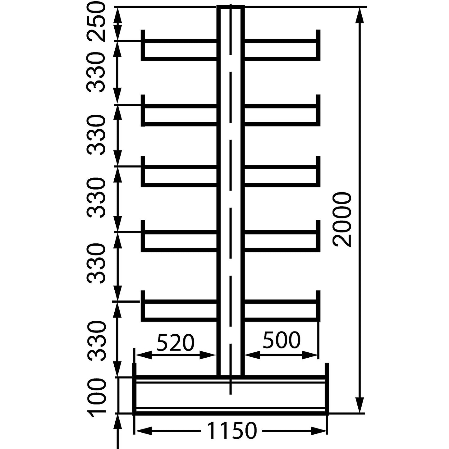 Cantilever racking unit with identical cantilever arm length, shelf unit length 4050 mm, double sided, gentian blue.