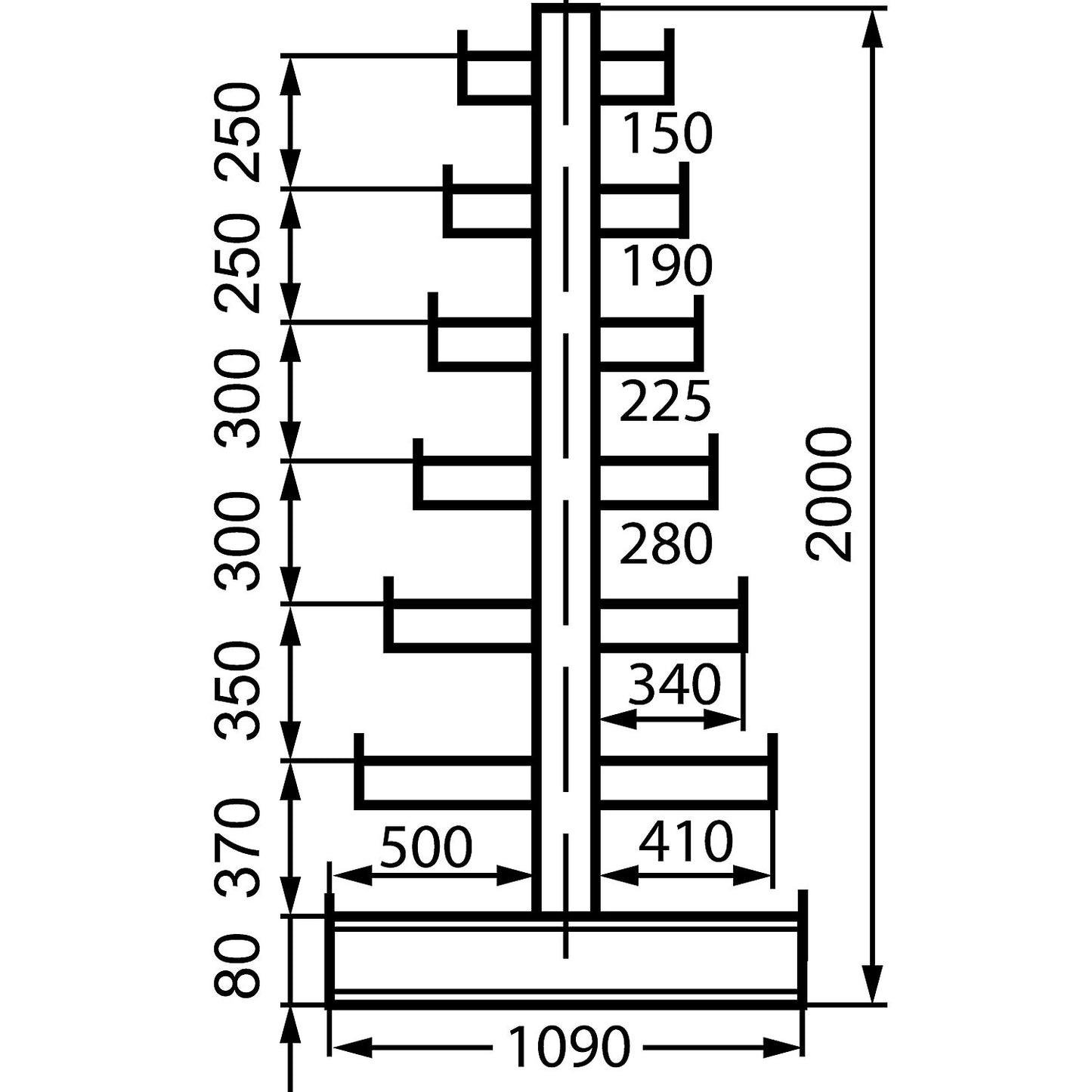 Cantilever racking unit with cantilever arms which taper towards the top, shelf unit length 5400 mm, double sided, gentian blue.