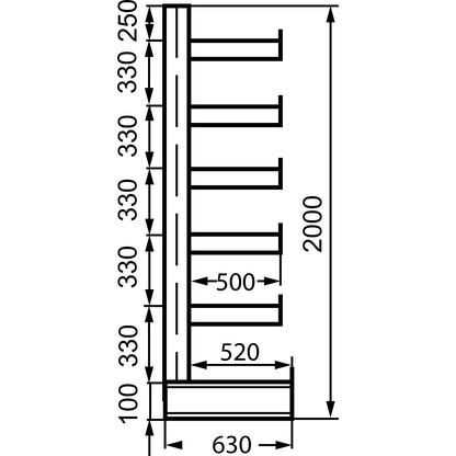 Cantilever racking unit with identical cantilever arm length, shelf unit length 6750 mm, single sided, gentian blue.