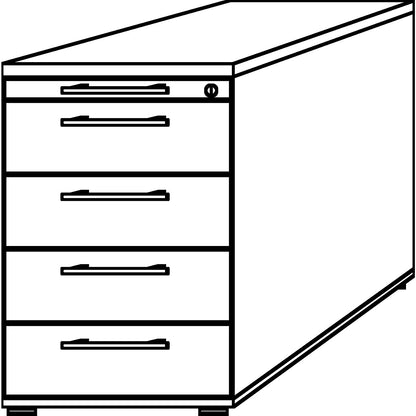 Fixed pedestal, 1 utensil drawer, 4 drawers, oak.