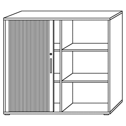 Roller shutter cupboard, 2 shelves each, 1 partition, beech finish.
