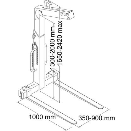 Crane fork, effective height adjustable from 1300 - 2000 mm, max. load 1500 kg.