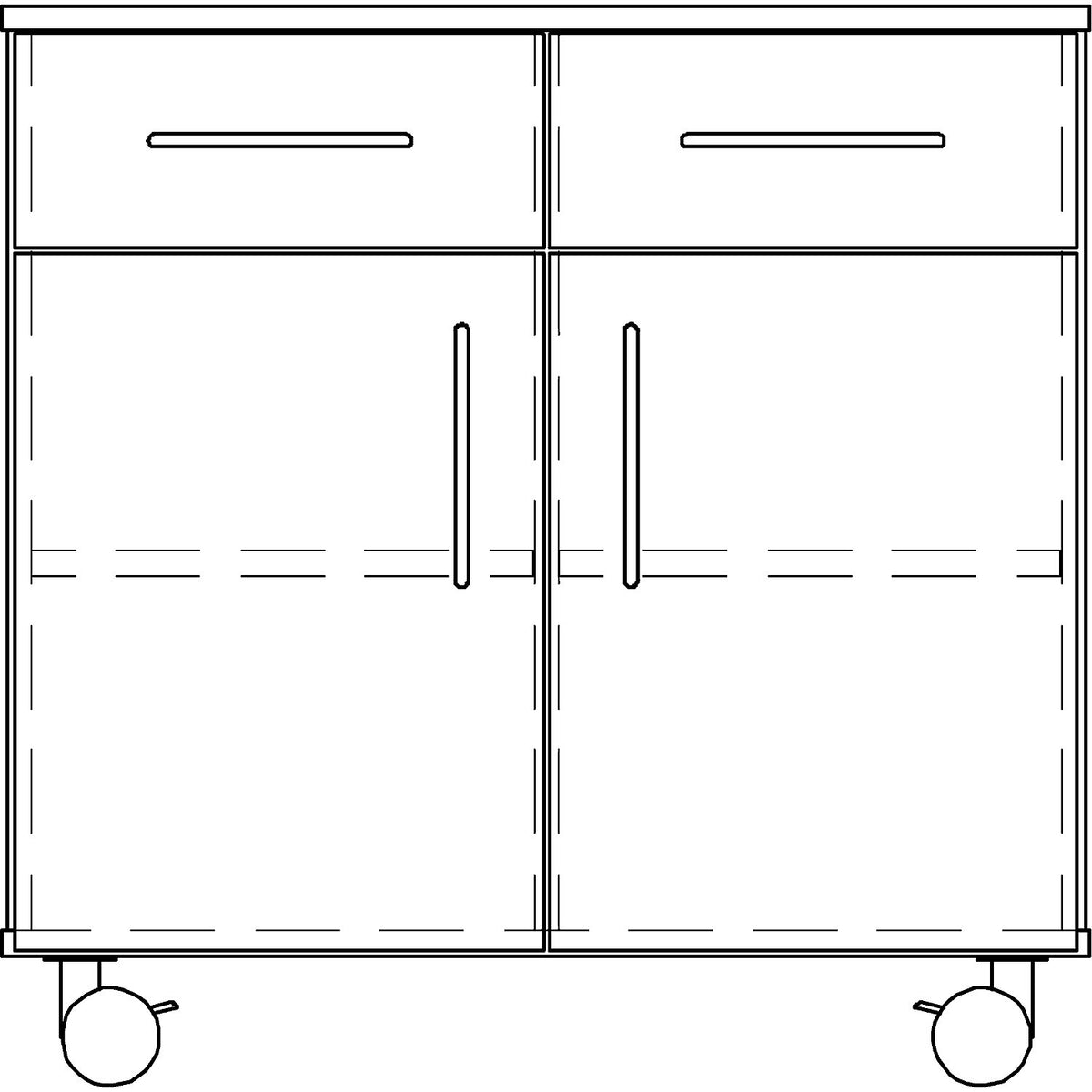 Laboratory base cupboard, high, 2 drawers, 2 doors, 2 shelves, 1 central partition, width 1136 mm.