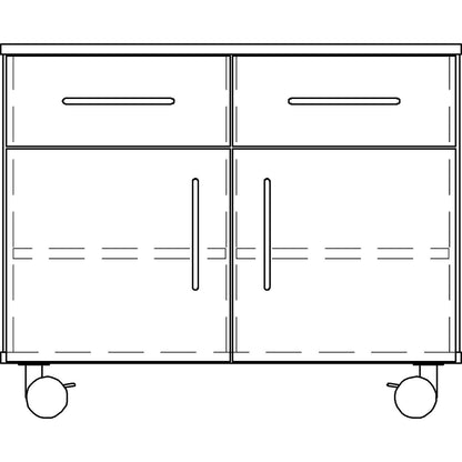Laboratory base cupboard, low, 2 drawers, 2 doors, 2 shelves, 1 central partition, width 836 mm.