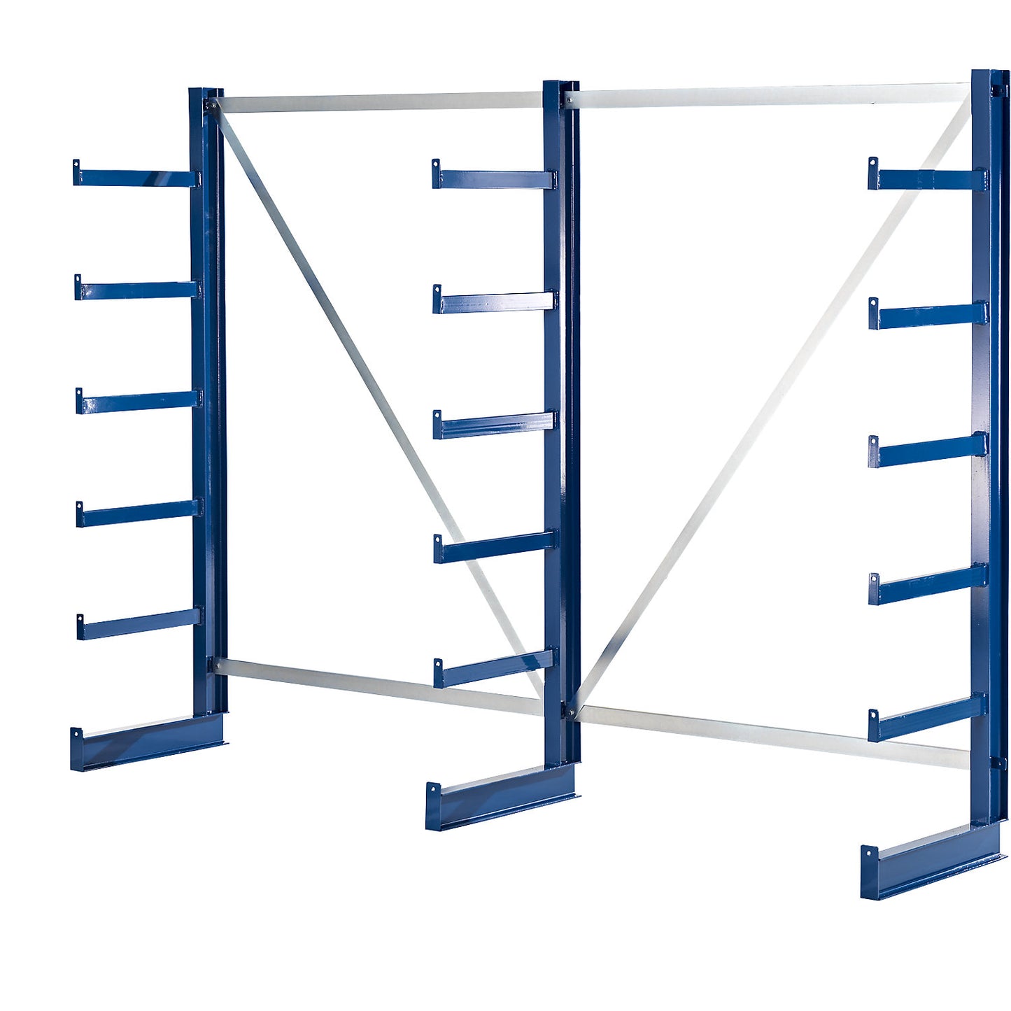Cantilever racking unit with identical cantilever arm length, shelf unit length 2700 mm, single sided, gentian blue.
