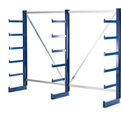 Cantilever racking unit with identical cantilever arm length, shelf unit length 2700 mm, single sided, gentian blue.