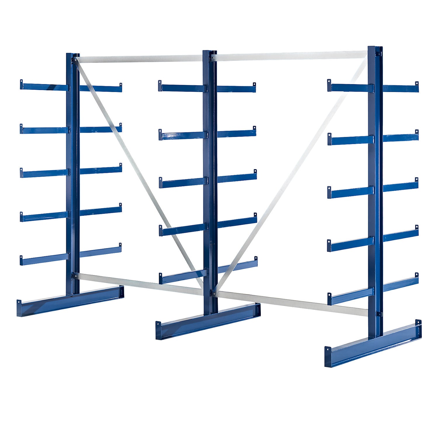 Cantilever racking unit with identical cantilever arm length, shelf unit length 2700 mm, double sided, gentian blue.